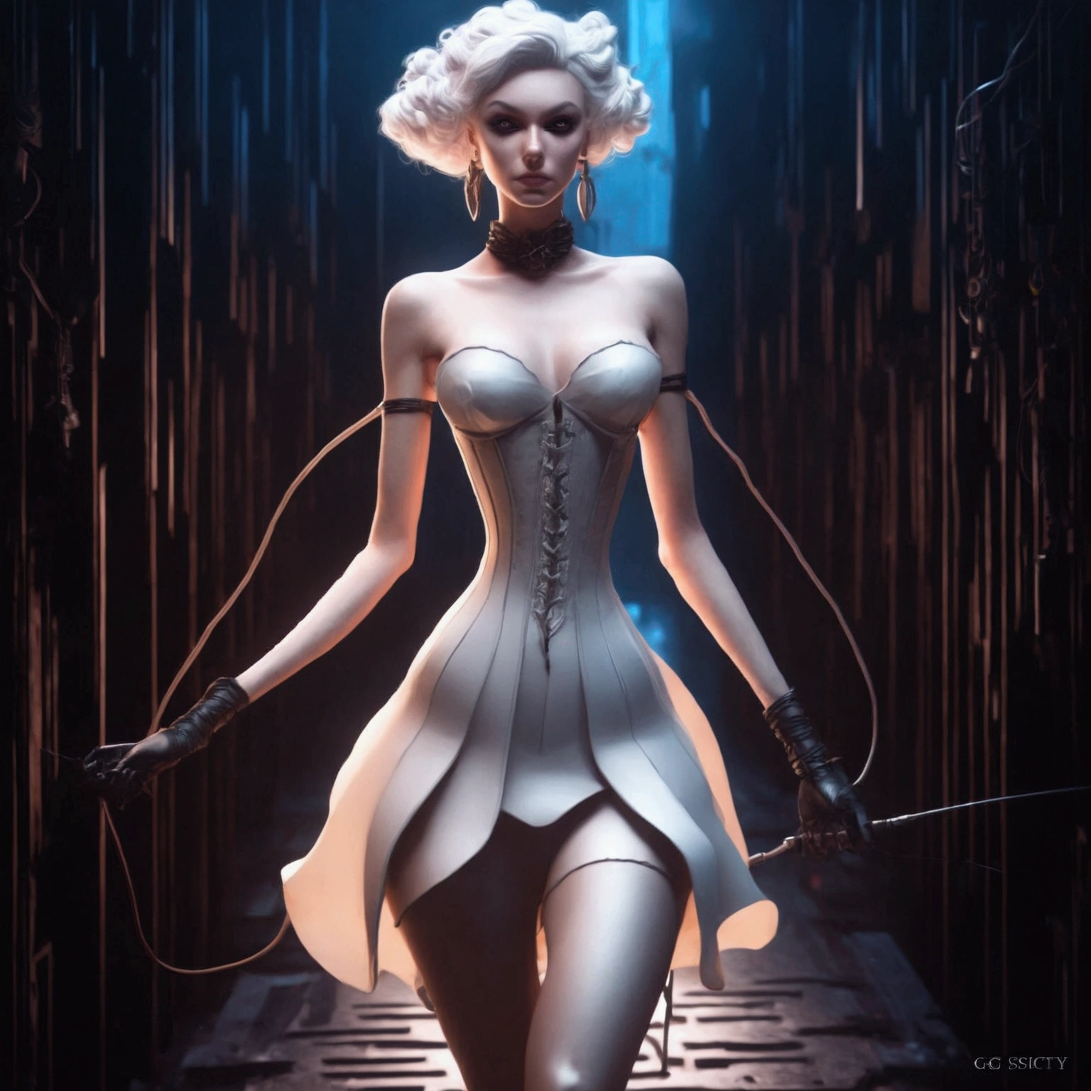 a close up of a woman in a corset dress in a dark room, seductive cyberpunk dark fantasy, cgsociety - w 1 0 2 4 - n 8 - i, cyberpunk femme fatale, rococo cyberpunk, cyberpunk robotic elvish queen, cgsociety inspired, cgsociety masterpiece, trending in cgsociety, awarded on cgsociety, [ trending on cgsociety ]!!