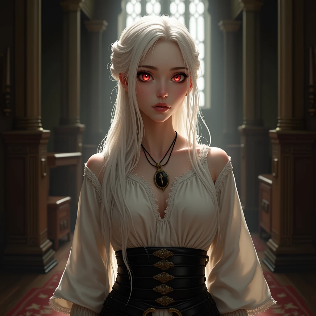 a beautiful girl, calm, beautiful face, vampire, bright red eyes, white long hair, pale skin, hairstyle bun at the back, white ancient shirt, black ancient pants with armor, flat body shapes, furnishings of an old castle, sun rays, dark atmosphere, An amulet around his neck, photorealism