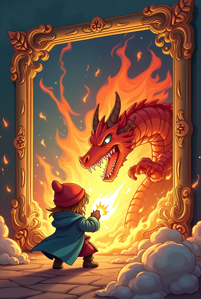 Frame with Fire Mage fighting with dragon in chibi style