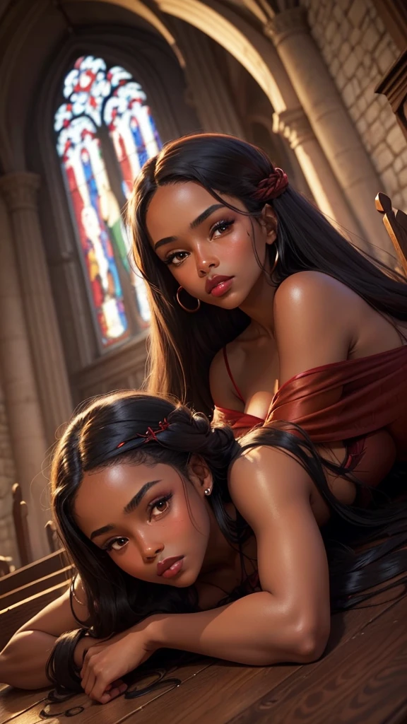 1 black girl with brown eyes, indigenous hair, red plump lips, long cute red dress with silk fabric, glare eyes, red lips, long hair up to the knee, Red High Heels, lying on your back with your face on top of your shoulder, Church scenery