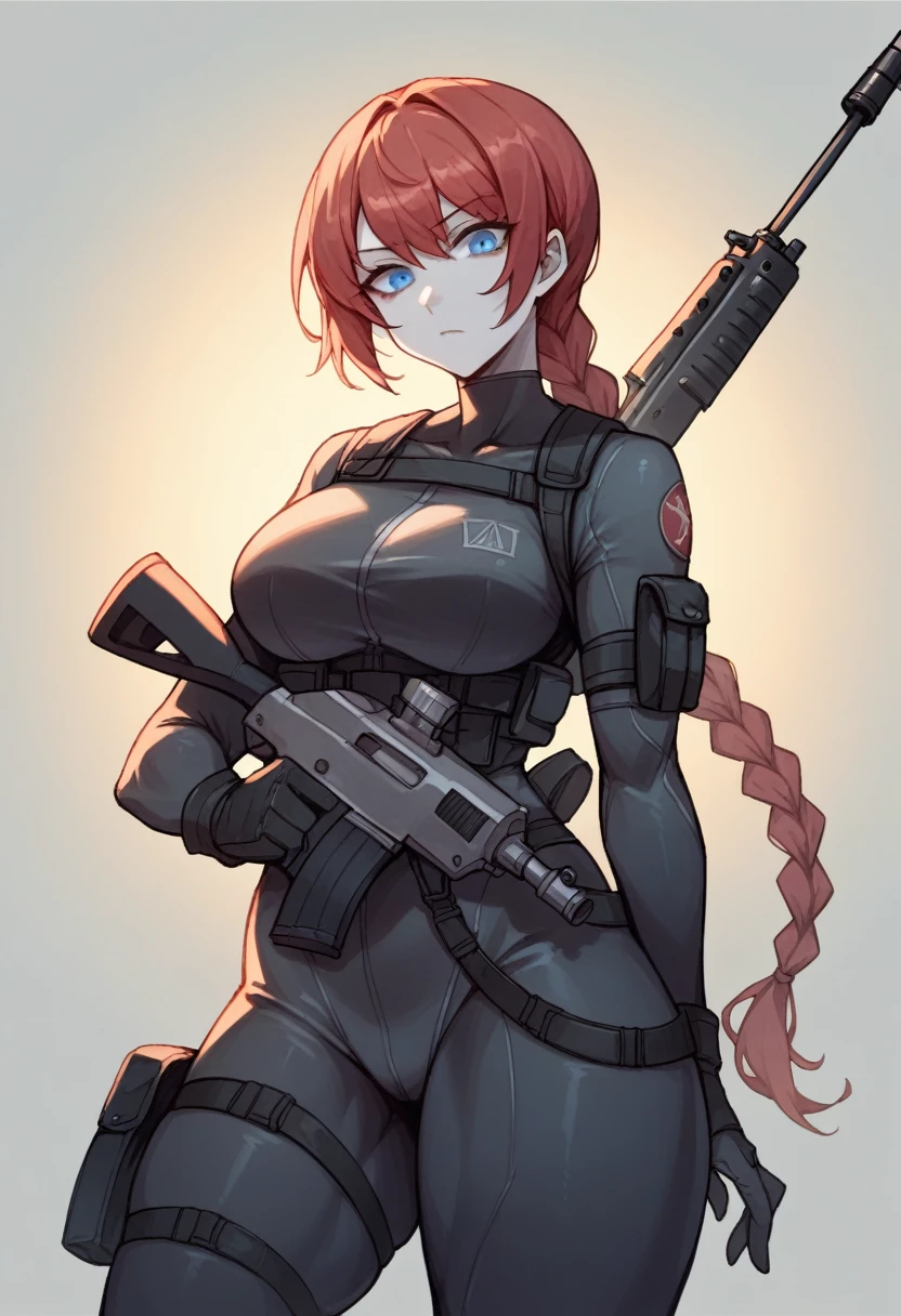 SFW, a female soldier wearing a tactical skintight bodysuit, black bodysuit, camo design, straps and pouches across body, utilitarian, weilding a heavy rifle, red hair, long braid and bangs, blue eyes, pale skin, large bust, thixk thighs, looking down at viewer, holding rifle across stomach, threatening expression, dark lighting, nightime warehouse setting