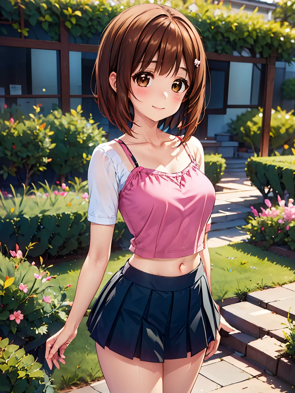 Very detailed, Absurd, Ultra-high resolution, Very detailed, Fluffy、(Moe:1.10),Highest quality,West Spring,short hair、Brown eyes、Pink camisole、Fluffy skirt、One Girl, alone,garden、Beautiful flowers々、smile、Closed Mouth, Are standing,cuteポーズ, Cowboy Shot,Become thinner, cute, Perfectly symmetrical face,  Very detailed目, Ultra detailed hair, 超cute, so beautiful, 