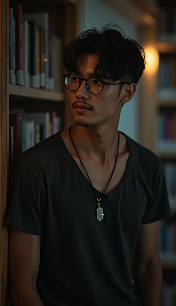 best quality, masterpiece, extremely detailed, 25 year old man, wearing glasses, innocent round face with soft features, muscular bodybuilder, gentle smile, fitted clothes, quartz crystal pendant, leaning against bookshelf, in library, afterhours, at night, very dim lighting, dark cinematic shadows, dreamy atmosphere, perfect face, perfect hands, perfection