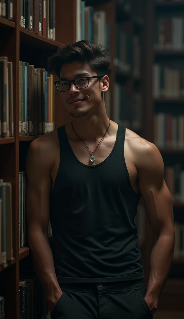 best quality, masterpiece, extremely detailed, 25 year old man, wearing glasses, innocent round face with soft features, muscular bodybuilder, gentle smile, fitted clothes, quartz crystal pendant, leaning against bookshelf, in library, afterhours, at night, very dim lighting, dark cinematic shadows, dreamy atmosphere, perfect face, perfect hands, perfection