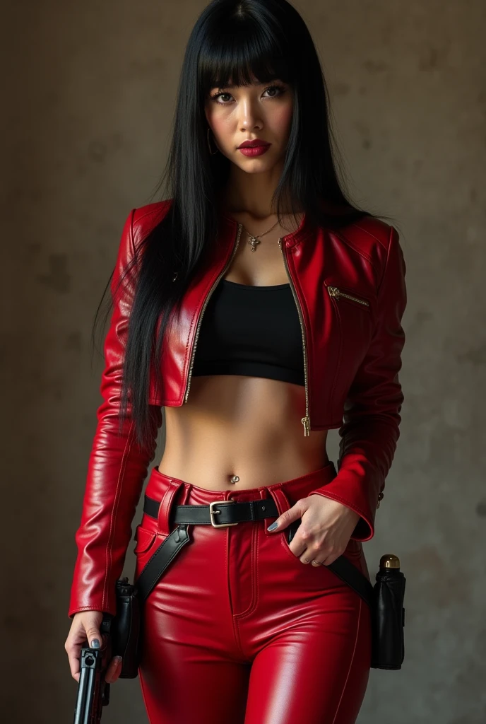 /imagine a realistic photo of a secret agent, a beautiful Brazilian woman with Asian features, Chinese eyes, in her 30s, ((long, straight black hair with bangs)), she wears red leather clothes, a short red leather jacket, underneath a black crop top, tight red leather pants with a low waist, her belly button exposed, women's tactical boots with heels, she uses black eyeliner to accentuate her eyes, she has very slanted eyes, Asian type, she is holding a gun, on her thighs pistol holsters, belt with ammunition pouches, she is standing in an action pose, ((she has a cold, serious and threatening look)), ((she has a well-defined body, body with beautiful curves, thin waist, thick thighs and round butt)), hyper realistic image, details in the skin and hair, cinematic scene, professional saturation,