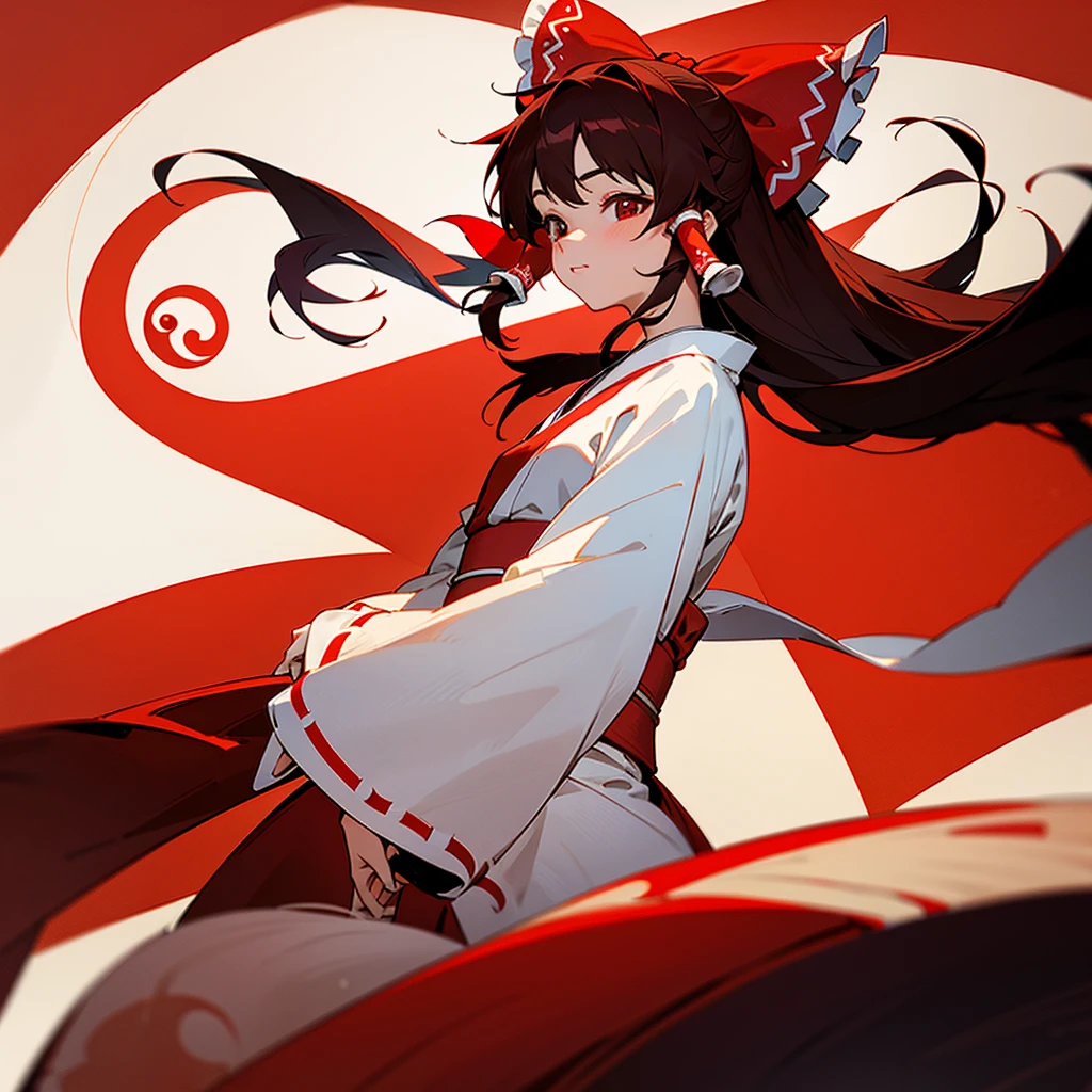 `Reimu Hakurei` with reddish brown eyes, wearing a Big and Long red ribbon, and matching tubes on the sides of her hair. wearing a Big and long red and white Kimono, with Yin-Yang pattern, and Evening background.
