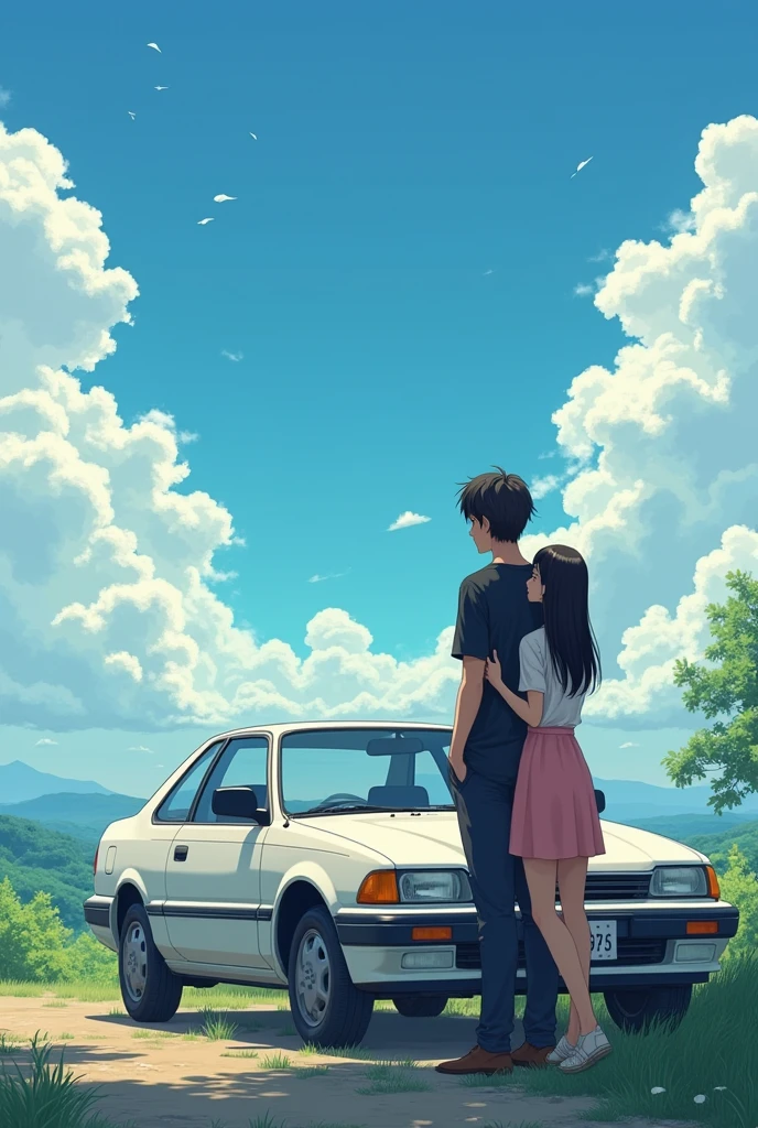 Couple leaning against a white 1995 Honda Civic coupe, envisioning a beautiful landscape. The husband is white, has 1.73 tall and weighs 63kg. He has straight, dark brown hair., light brown eyes and black loose shirt. The woman is black, has 1.59 tall and weighs 46kg. Ela tem black power. Japanese anime style photo. The woman is black!!!