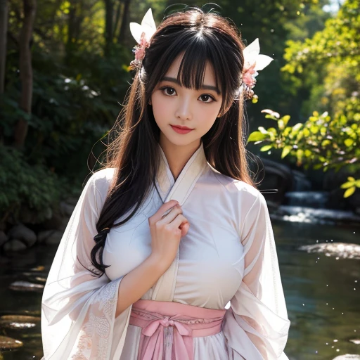 best quality, Delicate face,beautiful visual work, lifelike, eternity, black hair, Long curly hair, blunt bangs, Smile, Detailed Background, Delicate face,blush,cold,((masterpiece))、(top quality)、8k、high detail、Super detailed,21 years old female,身穿唐制Hanfu、waist skirt, Clothes are light and fluffy,Hanfu, wide sleeves, Transparent sleeves, Tunic, Clothes made of chiffon, Seductive and whimsical style、masterpiece、born、Scenes resembling fairy tale illustrations、intricate details和複雜的設計、Beautifully、magic、capricious、 Beautifully、Dream aesthetics、「𝓡𝓸𝓶𝓪𝓷𝓽𝓲𝓬、ethereal、charming、fickle、magic」、realism、Visual effects、FXAA、SSAO、Shader、voiceless、ambient lighting、Tone mapping、High resolution、Ultra high quality、Million pixels、(8K resolution:1.10)、8k、8k以下、8K resolution、high detail、intricate details, (high quality:1.2、masterpiece:1.2、:1.21)、(21 years old female:1.21)、(興奮地Smile)、(被dream般的氛圍所包圍、Model diagram,full-body shot,Normal 2 feet,Put your hands behind you,The protrusion of the breast is visible when wearing clothes, Large Breasts, H cup chest, antiquity, Xian Xia, gauze clothes, Soft and fluttering, Fairy, dream, fantasy, light, Elegant, nature, Immortal, romantic, classical, ribbon, pink clothes, By the stream