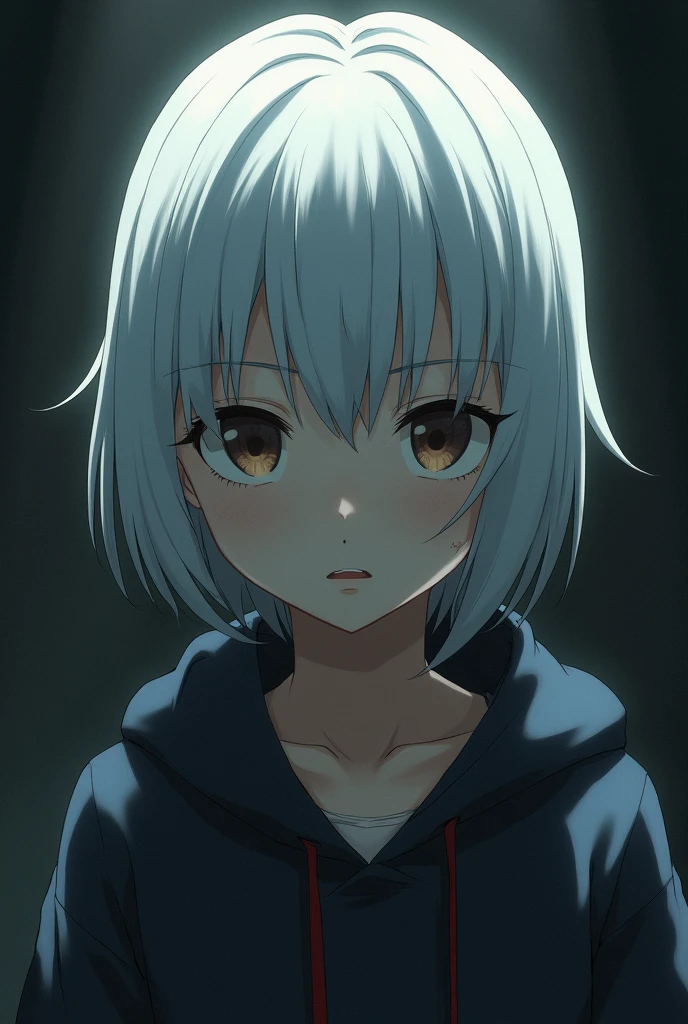 A girl with short white hair and signs of anime-style violence.