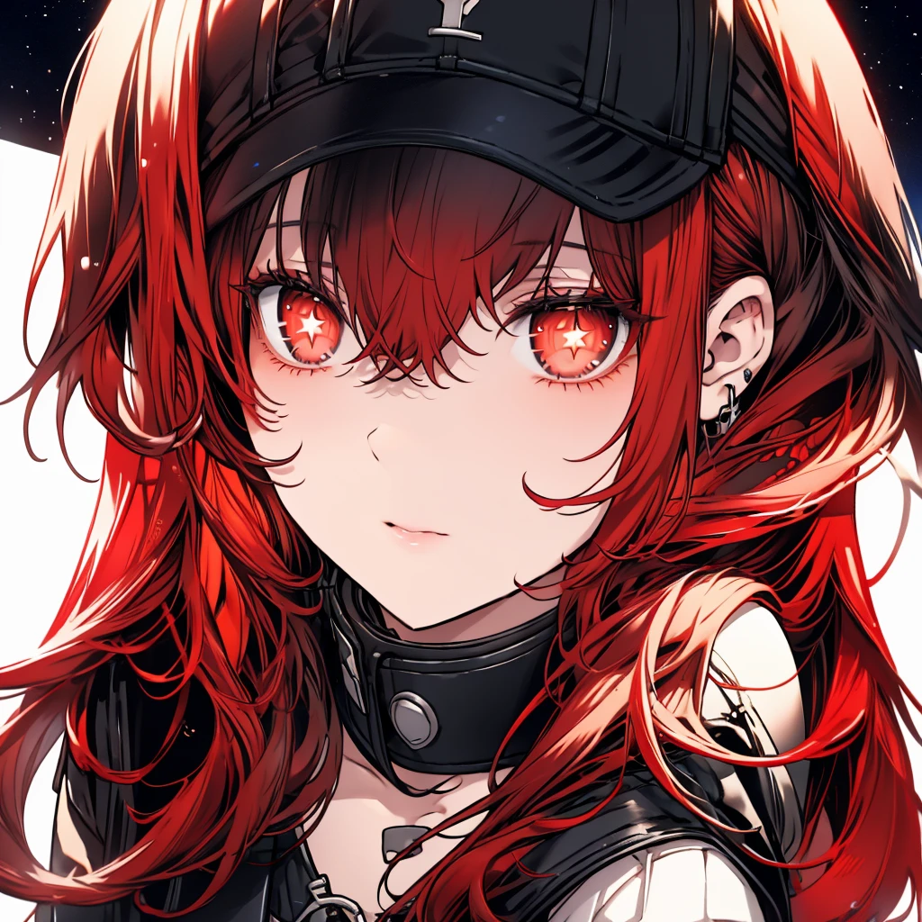 Black eyes with red pupils,black and red hair with some stars