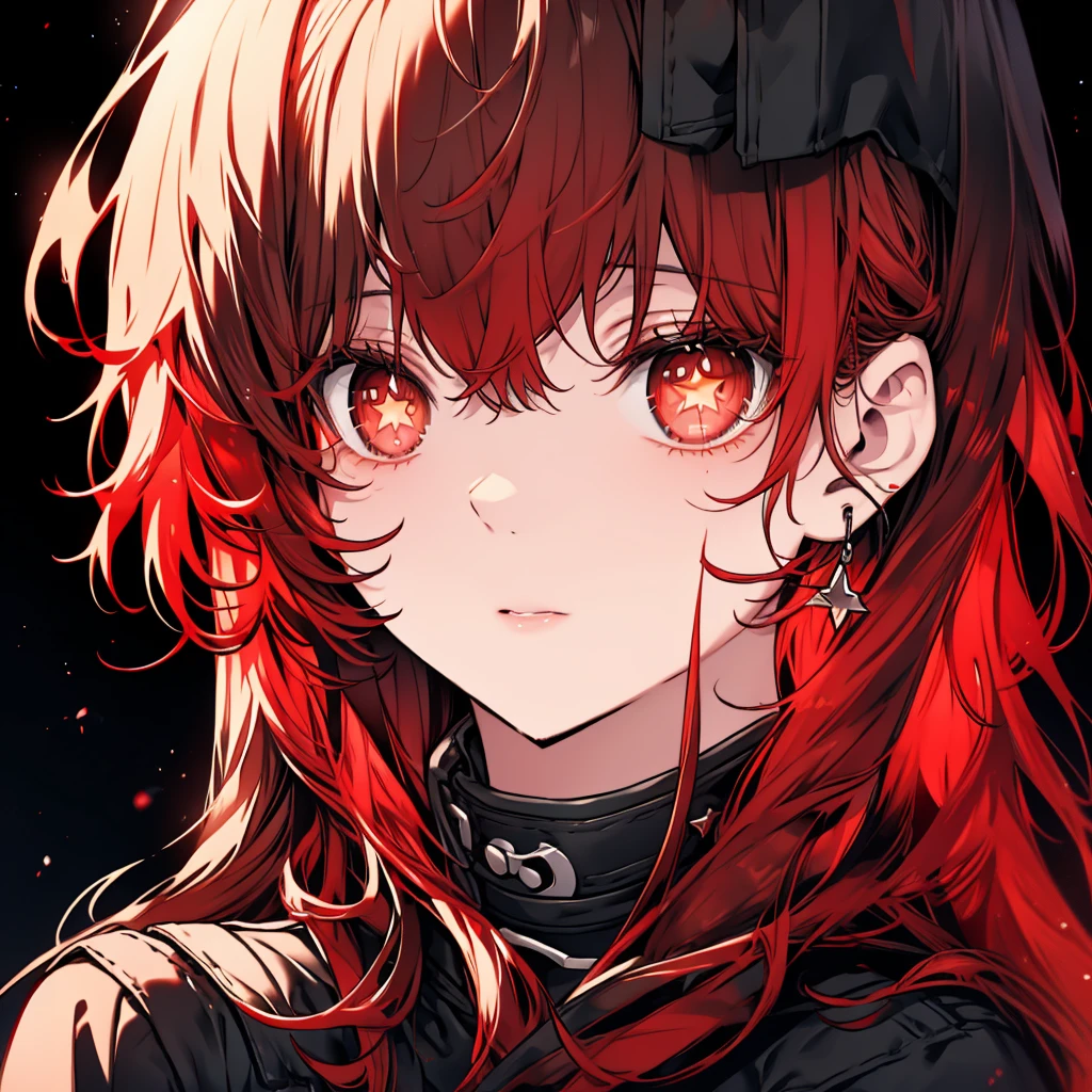 Black eyes with red pupils,black and red hair with some stars