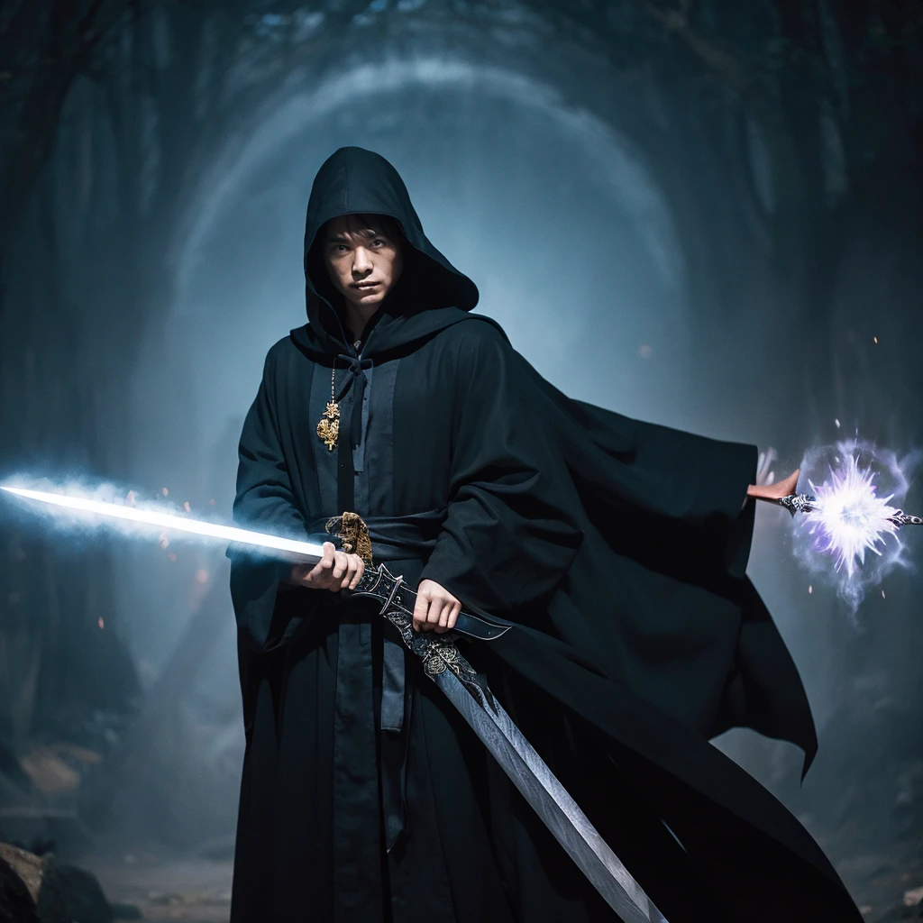 A wizard wearing a black cloak holding a large ritual sword 