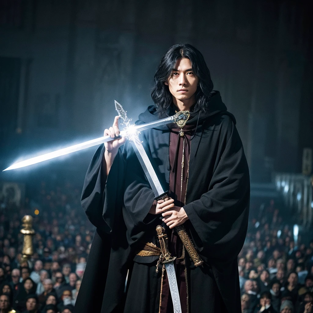 A wizard wearing a black cloak holding a large ritual sword