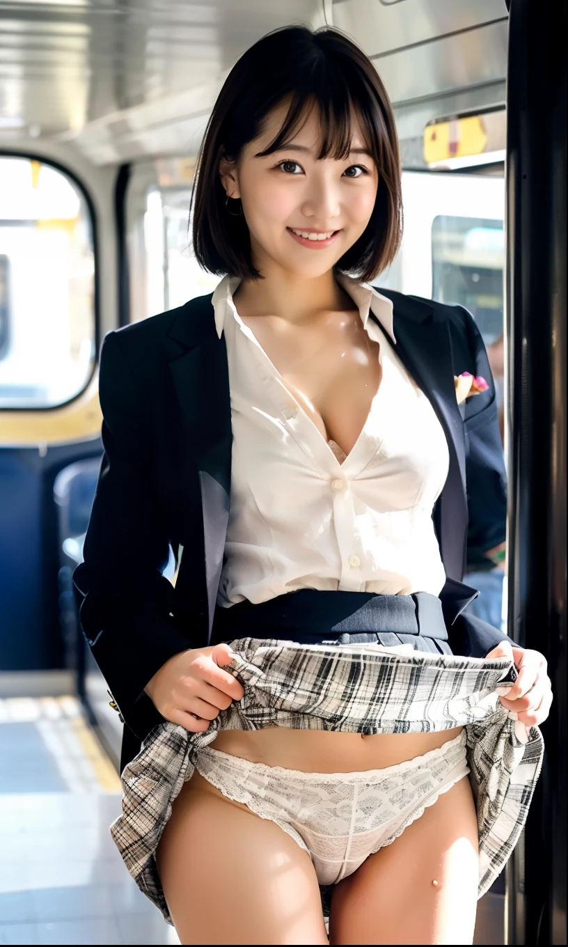straddling,(The skin is wet from sweat),Spread your legs,Are standing,train,Cleavage,(Wearing a light-colored shirt),smile,Skirt Lift、Lift your skirt with your hands,woman, 20-year-old, Short Hair、bangs、(Plain suit skirt),(White lace panties)、Cute earrings