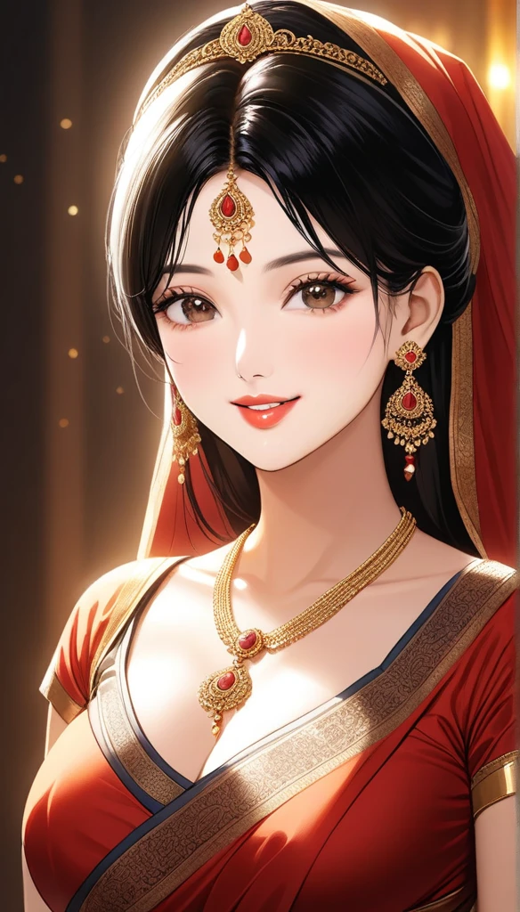 (1woman, mature, messy short  black hair,silk wedding saree with intricate ancient patterns, wedding long jhumka earrings, detailed alluring eyes, smooth detailed lips, beautiful face, smiling, red lipstick, navel, bangles, saggy breasts, photorealistic, 8k, hyperdetailed, vibrant colors, studio lighting, masterpiece, cinematic composition, dramatic lighting, intricate details, highly realistic skin textures, volumetric lighting, beautiful intricate jewelry, warm color palette, natural lighting, elegant pose, beautiful detailed expression, hyper realistic rendering, seamless blending, flawless skin, glowing skin, delicate features, breathtaking realism, striking composition),tall , necklace, wedding bangles ,navel,full body view, long chain wedding necklace , wedding ring,flower in head ,brochure,