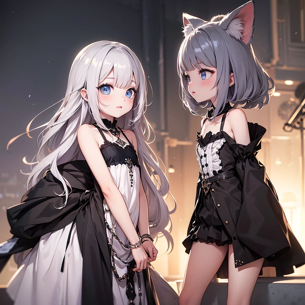 silver hair, dog ears, white dress,wavy hair,delicate features quiet gaze,beautiful half body illustration,beautiful backgraund,atmospheric lighting,sharp focus,vlumetric lighting,cute face,reduce saturation,fine detailed face,small nose and mouth,volumetric top lighting,bold line painting, soft shadow,((masterpiece, best quality)), (1girl), (solo), (female focus),small breasts,flat tits,Lolita,short height,skinny girl,blue eyes,open legs,animal ears,
