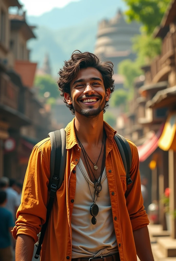 A young adult man with dark skin, black hair and black eyes happy enjoying trips to exotic destinations 