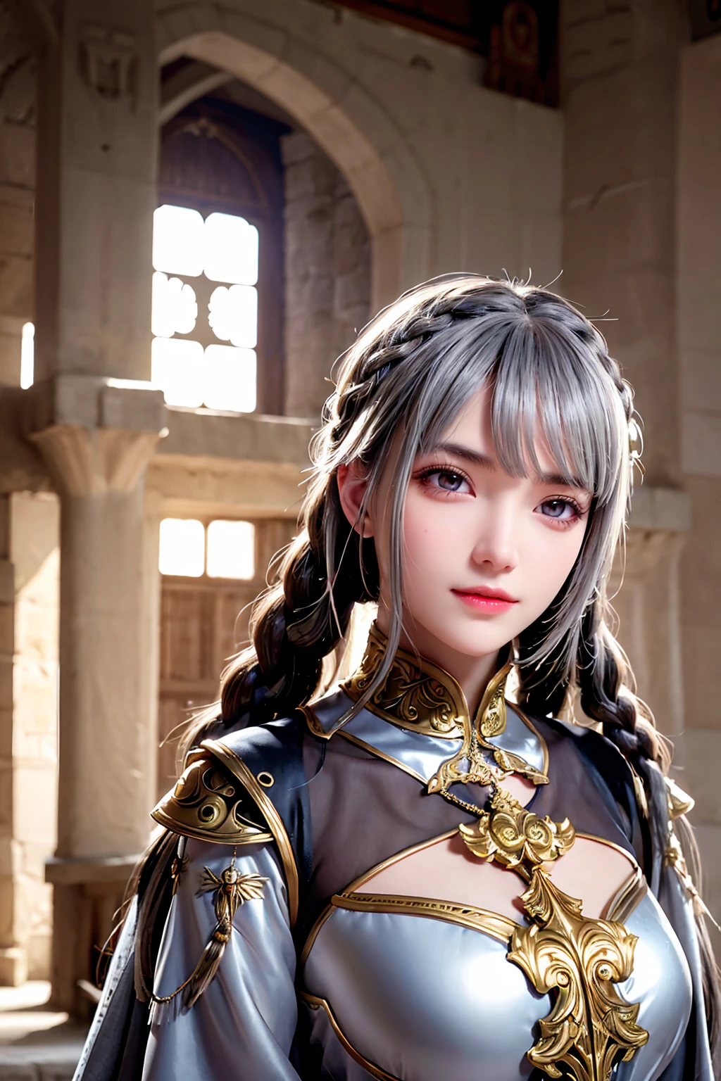 Highest quality, masterpiece,Gray Hair, Golden Eyes,knight, look up, Upper Body,hair,Fair skin,Side braid、knight、Inside the medieval castle