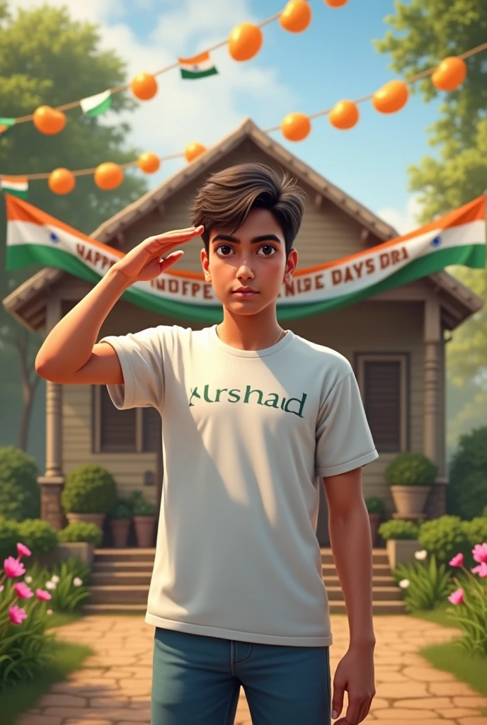 6TH PROMPT :- Make an image A 25 year old boy is standing wearing an army t-shirt, the name “ANUP” is written on the t-shirt and the flag of India and in the background there is a big flag of India and Happy independence Day 15 August is written and Saluting flag with other seals and smoke on dark background, 3D realistic high quality photo.