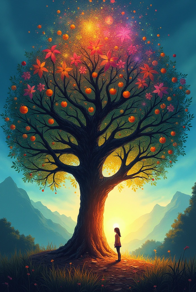 .	Colorful trees nurturing the future. A large tree is depicted in the center of the poster.、The leaves and branches are painted in various colors.。There is a person at the base of the tree々Gathered、The light of each person&#39;s color illuminates the tree.、Expressing the way you grow。On the tree are painted shining fruits and buds, which symbolize the future.、Pointing to a bright future。

