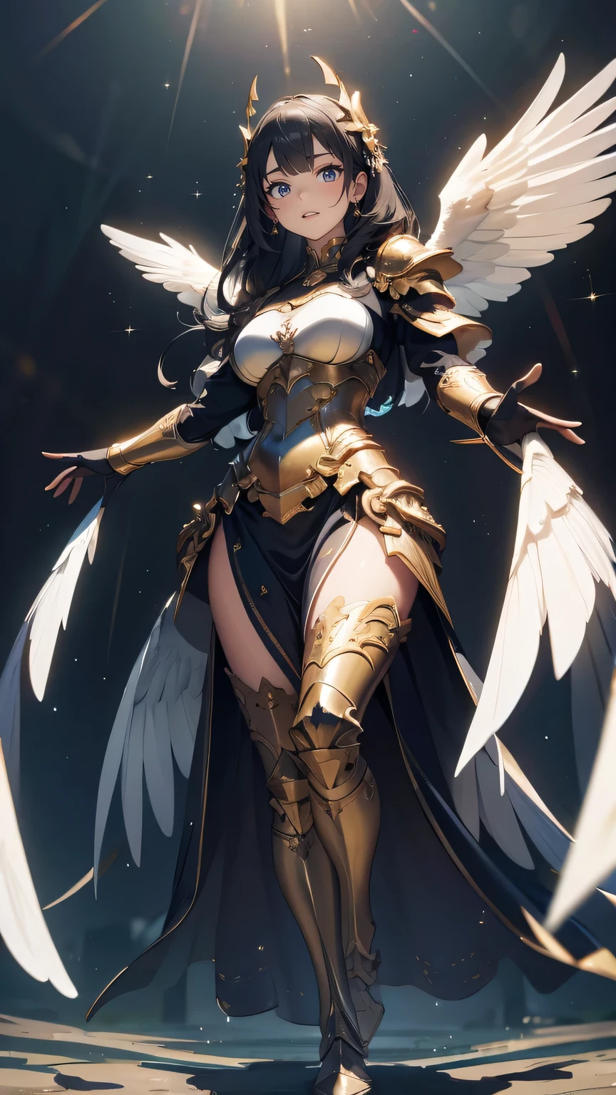 full body,from below,angel armor,Spread your arms and fly down from the sky,(random hairstyle),(Highest image quality,(8k),ultra-realistic,best quality, high quality, high definition, high quality texture,high detail,beautiful detailed,fine detailed,extremely detailed cg,detailed texture,a realistic representation of the face,masterpiece,Sense of presence)