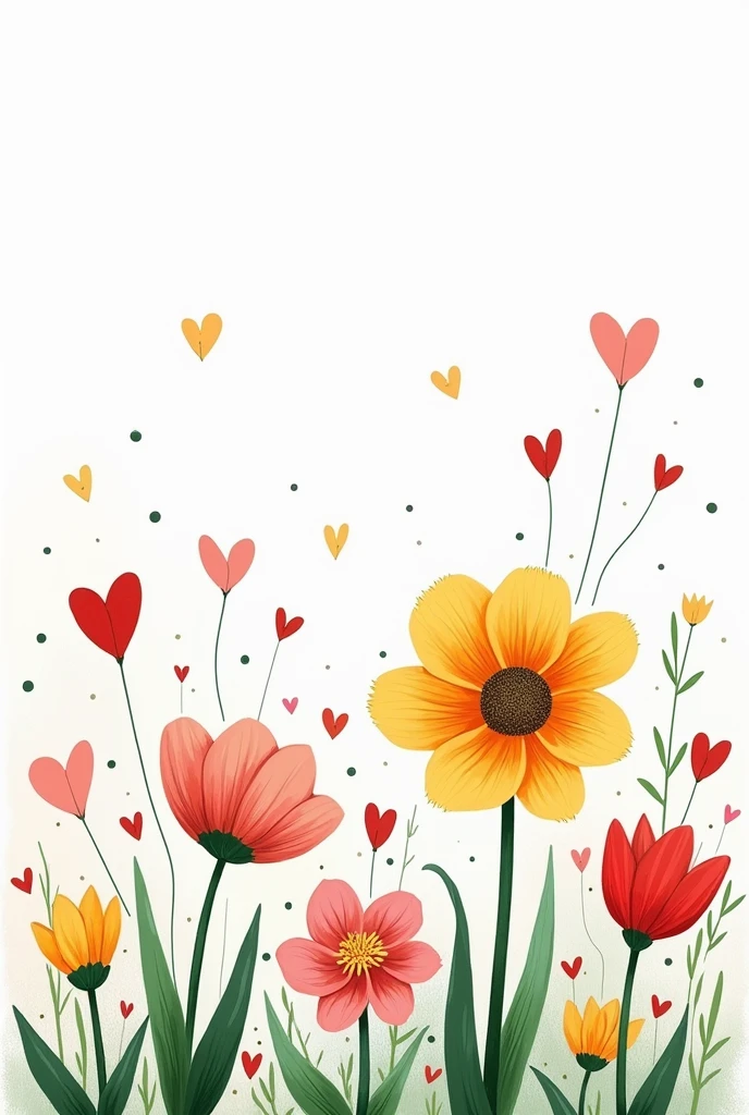 A minimalist garden drawing with colorful flowers and hearts but some withered flowers