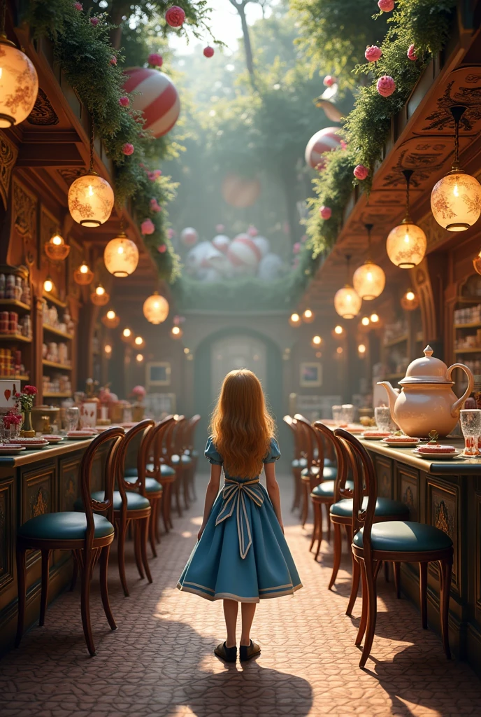 Super realistic front view coffee bar with Alice in Wonderland theme.