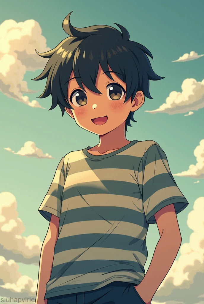 anime、From the chest up、Boy about 10 years old、Japanese、unknown face、?The mark is floating