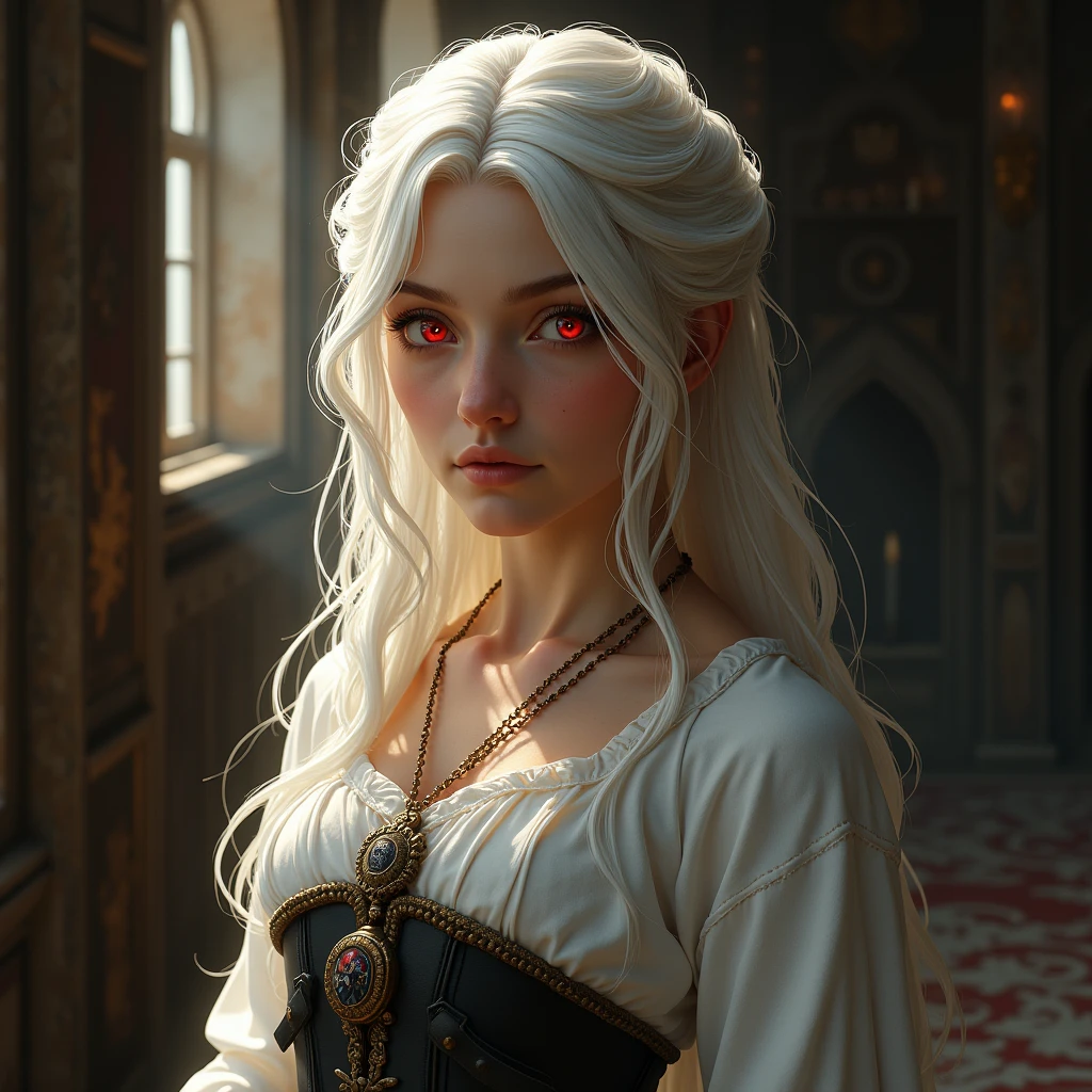 a beautiful girl, calm, beautiful face, vampire, bright red eyes, white long hair, pale skin, hairstyle bun at the back, white ancient shirt, black ancient pants with armor, flat body shapes, furnishings of an old castle, sun rays, dark atmosphere, An amulet around his neck, realism