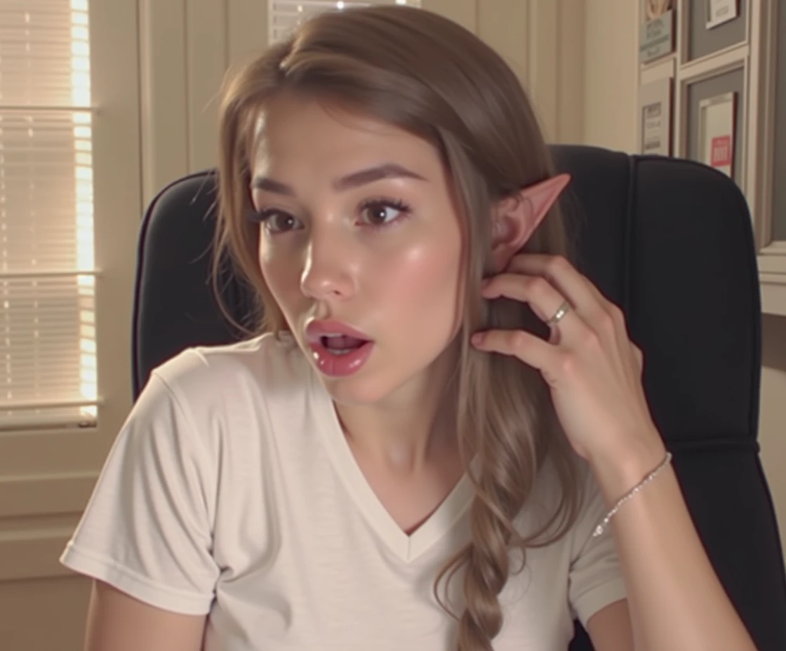 Beautiful sexy elf woman with long hair, white t-shirt, mouth open, eyebrows raised, happily gasping and moaning, long pointy ears, cinematic lighting, hyperrealistic, 8k, highly detailed, photorealistic, masterpiece, very detailed elf ears, (hair tucked behind ears)