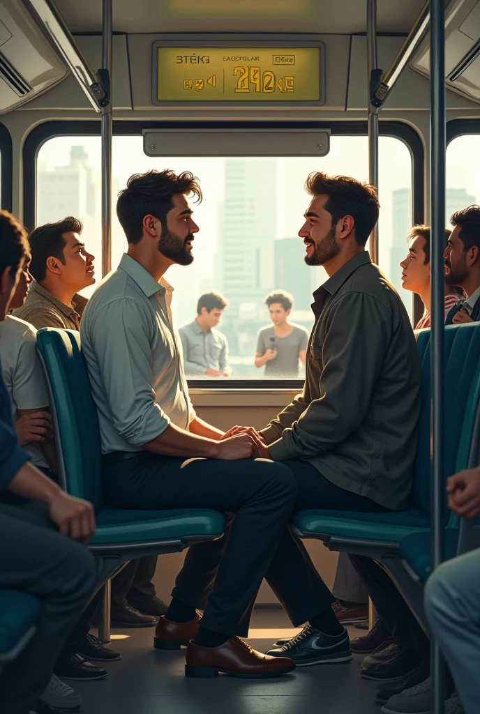 Scene in a public bus where a man is sitting in his passenger seat, but another man sits on his lap with his back to the first man, and both pretend that nothing is happening.