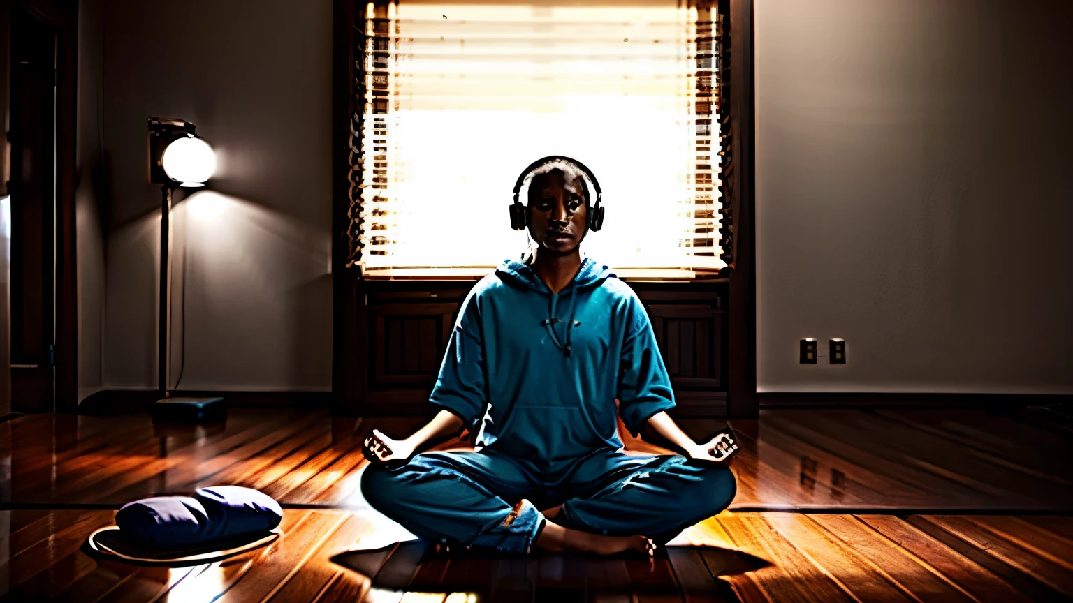 PERSON MEDITATING IN A ROOM, WEARING LOOSE CLOTHES AND HEADPHONES. feeling of serenity. Background de uma sala. cinematic lighting