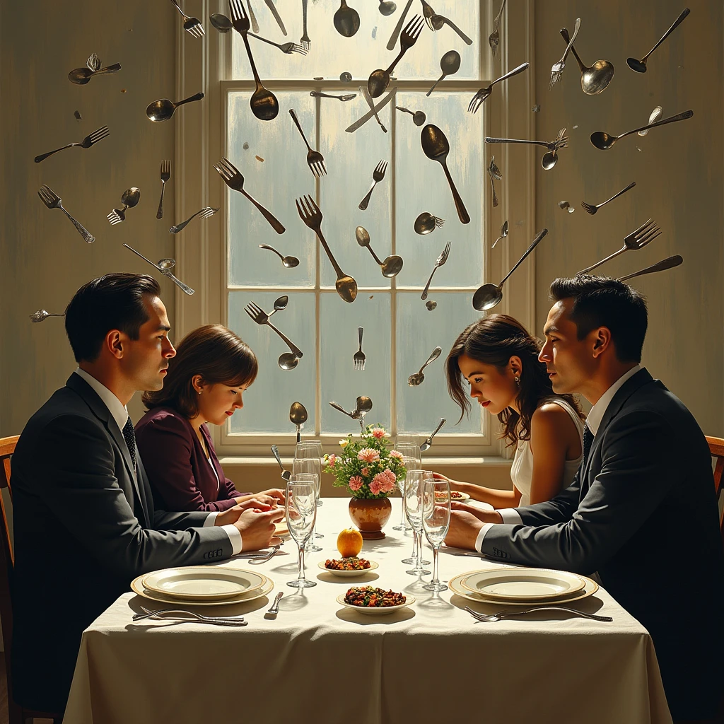 realistic photograph of a shower of hundred of forks, knives and spoons, all metal, falling on a dining room, the four people seated at the table cover their heads for fear of being hit by the cutlery, cutlery falls on the table and bounces all over the place, the impressionistic effect is created