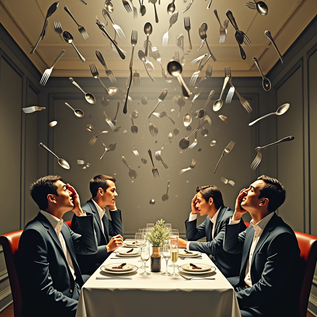 realistic photograph of a shower of hundred of forks, knives and spoons, all metal, falling on a dining room, the four people seated at the table cover their heads for fear of being hit by the cutlery, cutlery falls on the table and bounces all over the place, the impressionistic effect is created