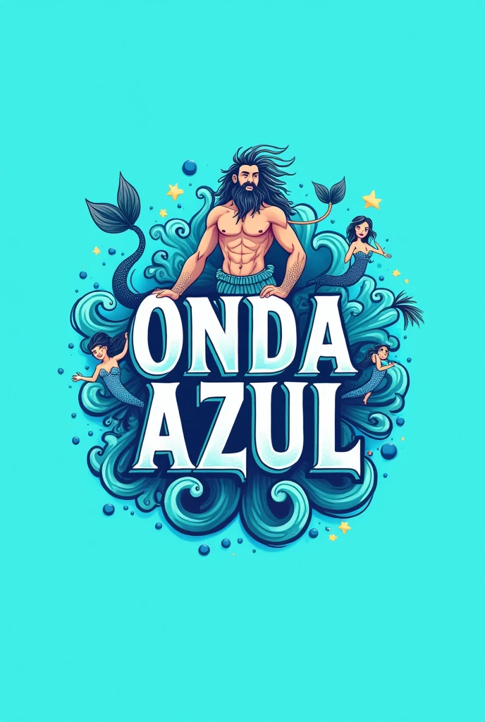 Create a brand logo where you will write ONDA AZUL in front and you will put POSEIDON and IARA, put youthful drawings 