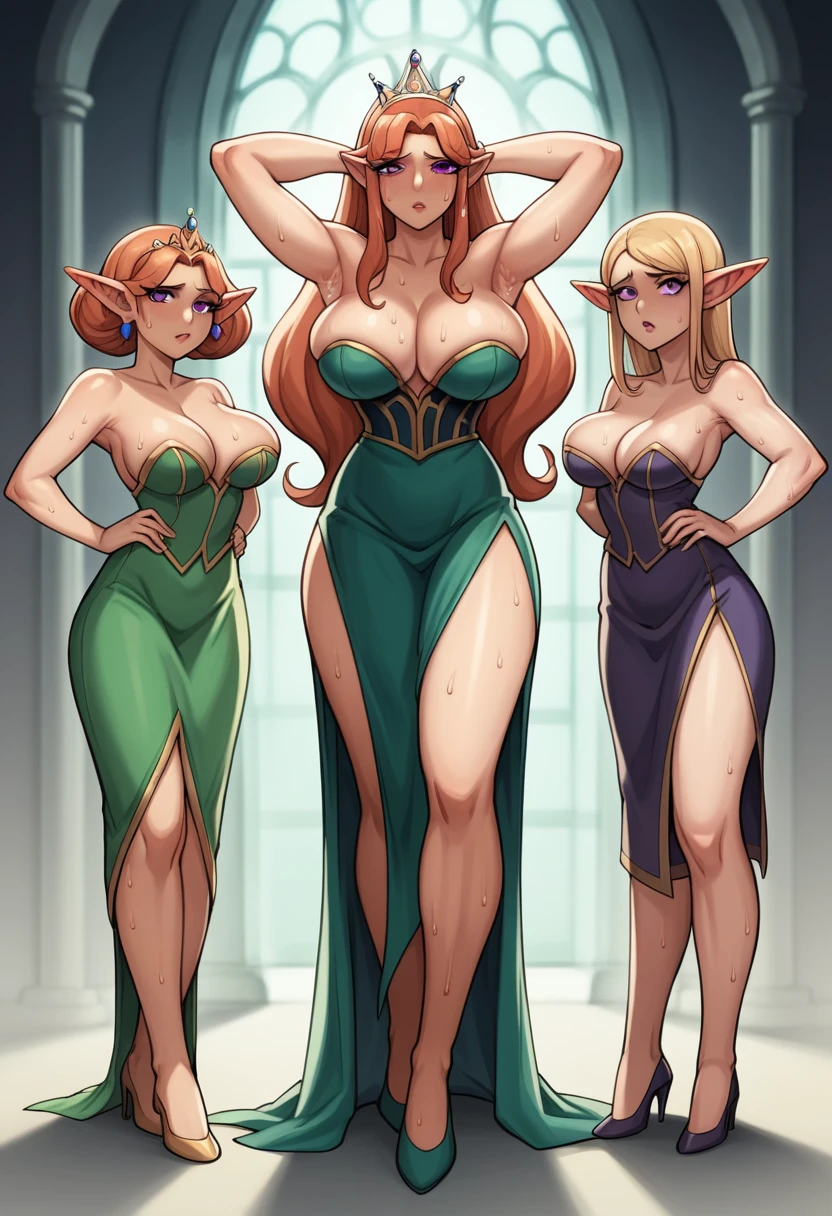 (I'm a human woman-queen whom is the sole sovereign ruler of my kingdom of goblin-folks), I'm being pinned on the wall - my arms behind my head, queenly green dress with vwey extremely generous cutout, brunnette-chestnut middle-long hair, queenly tiara, sexy sweaty glistening armpits:1.2, stilletto queenly high-heels, ((midnight)), (at isekai-fantasy castle hall at midnight), feisty woman, anime cels style, best quality, high resolution, 1girl, inspired by ntrman's work: queen who adopted a goblin, sweating, (bountiful very generous breasts), swaying breasts:1.1, fleshy build, big thick arms, beautiful face, middle-long luscious brunnette-beige hair:1.1, half-lidded eyes, light-colored pupils, motherly determined face, [motherly face], Beautiful long legs, Beautiful body, extremely fertile motherly's body-shape, Beautiful Nose, Beautiful character design, bangs, purple eyes, (bushy pubic hair), (i'm being pinned on the wall by goblins - my arms behind m head), (my arm is swaying hair enticingly:1.1, (looking at viewer), cowboy shot, front-view full body photo:1.1, BREAK, ((with group of goblins)), (very dynamic view), -auto