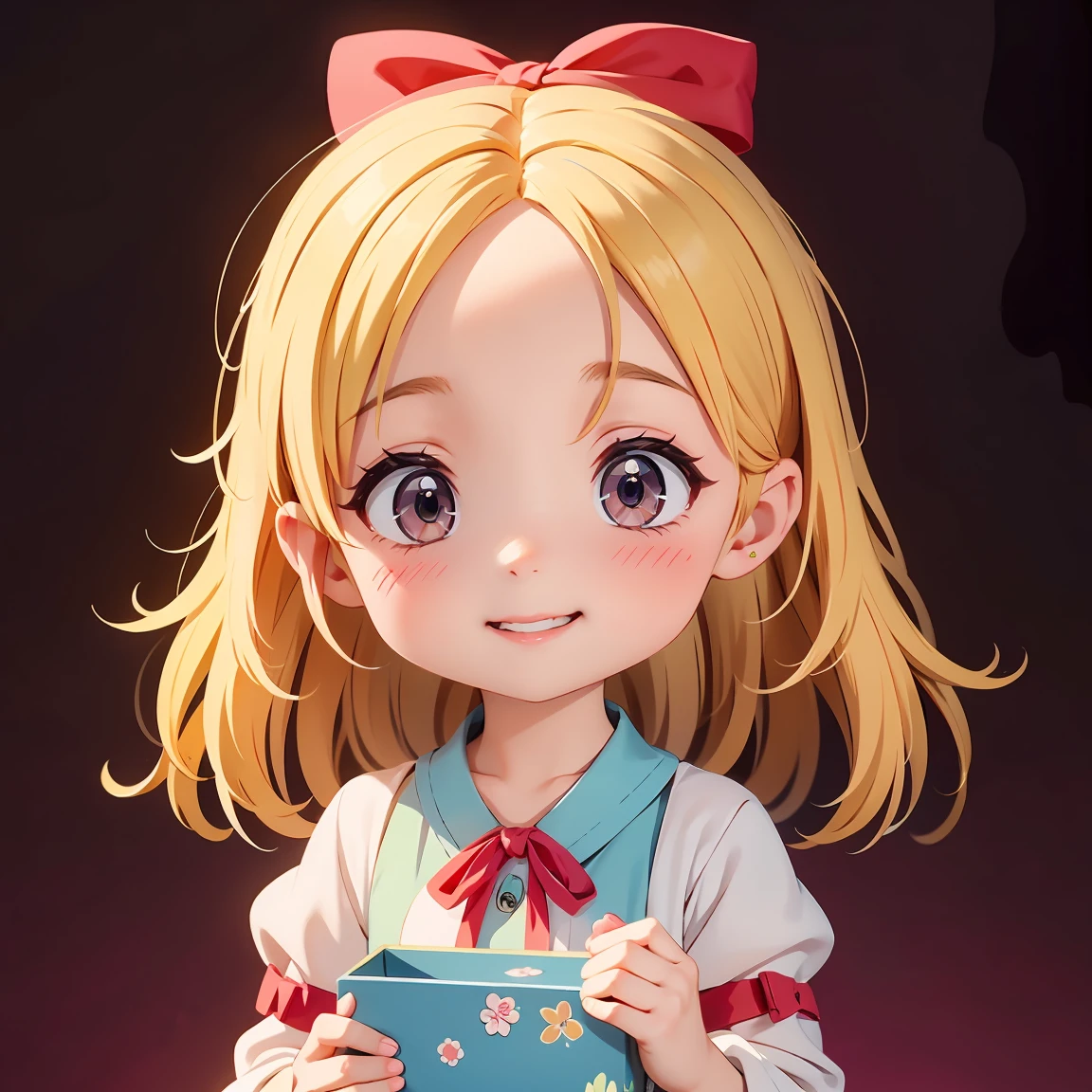 Super Chibi Character:1.8、Blonde Hair、Cute 7 year old girl、Random cute outfits、Super Chibi Character:1.8、smile、Super Smile、Red ribbon boxを持っている、Red ribbon boxを両手で持っている、Looking at this、Red ribbon box