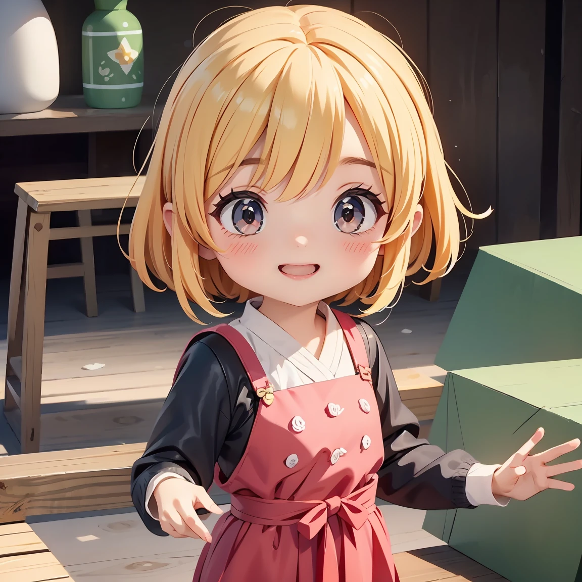 Super Chibi Character:1.8、Blonde Hair、Cute 7 girl、Random cute outfits、Super Chibi Character:1.8、smile、Super Smile、Red ribbon boxを持っている、Red ribbon boxを両手で持っている、Looking at this、Red ribbon box
