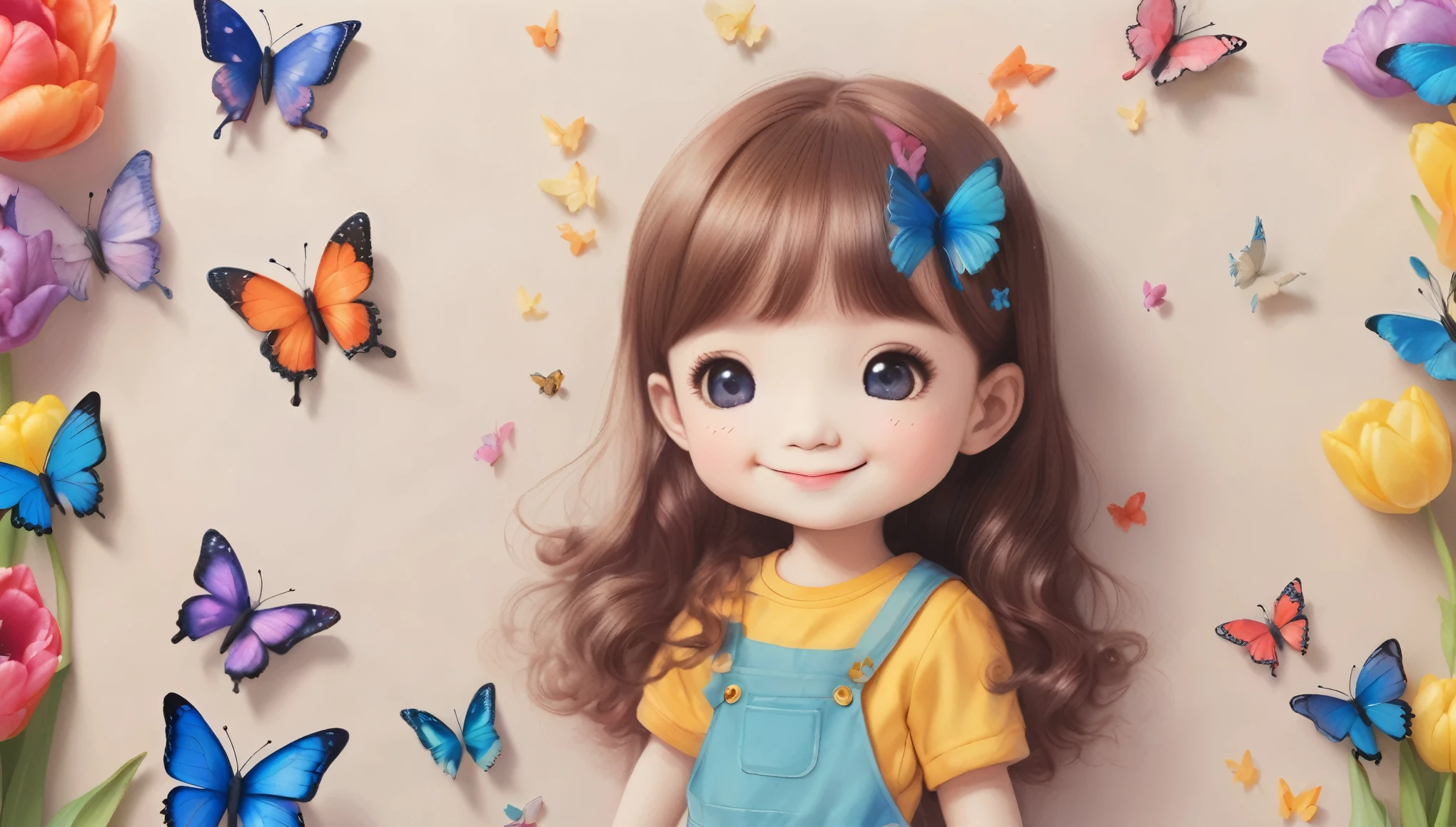 The following scenes are depicted using a Chibi Girl doll:(Photorealistic、A girl is drawing tulip flowers and butterflies on a wall with crayons、Very colorful and、Smiling)