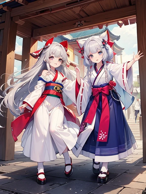 Two Girls、Shrine maiden、Dancing while spinning、Silver Hair、緑Silver Hair、Ruby eyes、Rainbow Eyes、Full body portrait、Costumes with long hems
