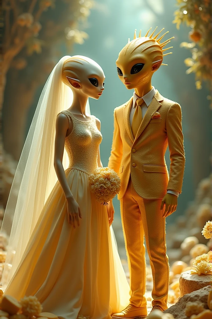 alien in wedding dress and groom in grated cheese suit