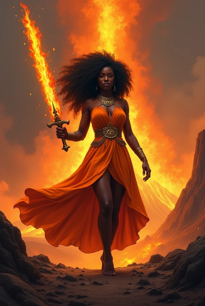 Black woman Orisha, warrioress, curly hair, in the middle of a volcano, orange dress, with a flaming sword raised in his hand