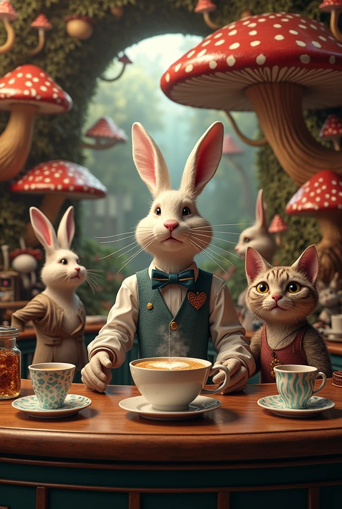 Super realistic front view coffee bar with Alice in Wonderland theme.