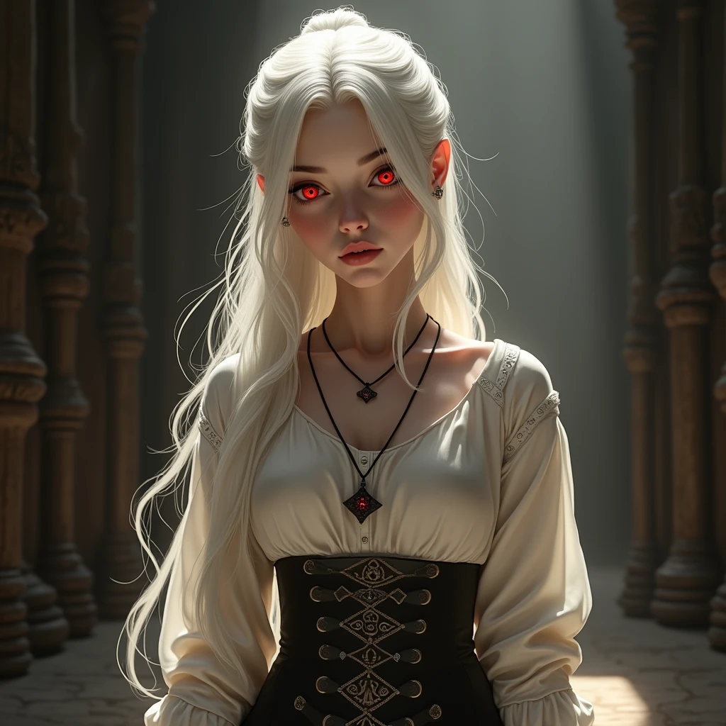 a beautiful girl, calm, beautiful face, vampire, bright red eyes, white long hair, pale skin, hairstyle bun at the back, white ancient shirt, black ancient pants with armor, flat body shapes, furnishings of an old castle, sun rays, dark atmosphere, An amulet around his neck, realism
