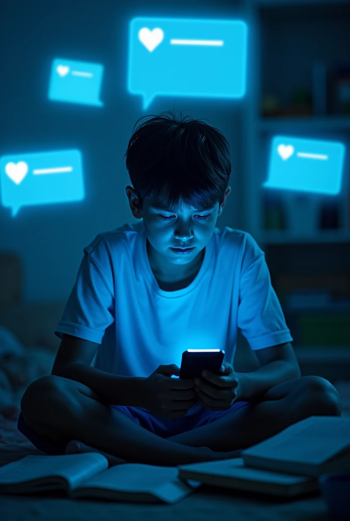 SCENE 1: Young Man in the Digital World A ager is sitting in his room, surrounded by a blue light coming from his mobile phone. His face shows an expression of intense concentration., casi hypnotized. Around him, Holograms of social media notifications are projected, likes and messages, floating in the air. The room is messy, with books and homework forgotten on the floor. only two feet A teen is sitting in his room, surrounded by a blue light coming from his mobile phone. His face shows an expression of intense concentration., casi hypnotized. Around him, Holograms of social media notifications are projected, likes and messages, floating in the air. The room is messy, with books and homework forgotten on the floor.