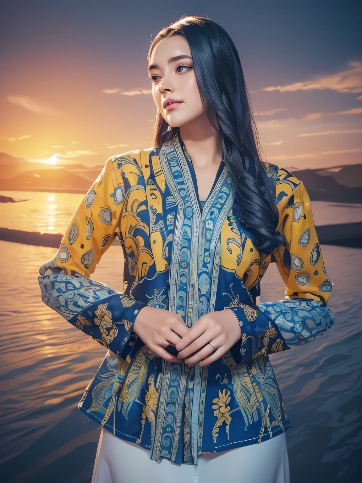 (masterpiece), (best quality), (digital painting), beautiful woman, thick eyebrows, blue eyes, curled eyelashes, facial details, long hair,, (blue yellow batik shirt cloth_ patterns),  design, fabric art, flat illustration, Vector, 4K, Art station shop street background, Highly detailed, intricate, 8k octane rendering