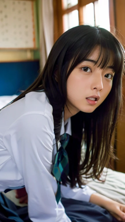 Japanese Beauty、bedroom、Ecstasy face、high school girl、My hair is messy、I'm exhausted、Sweaty、Sweat droplets、Small breasts、Small undeveloped breasts、Lie on your back、Spread your legs、Spread your legs、Functional、masterpiece、Highest quality、High resolution、Very Short Hair、Screaming、ponytail、Hold in mouth、School Uniform、Sailor suit