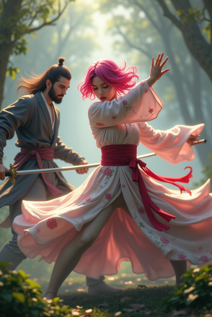 Mysterious pink haired woman fighting pose swordsman beautiful woman