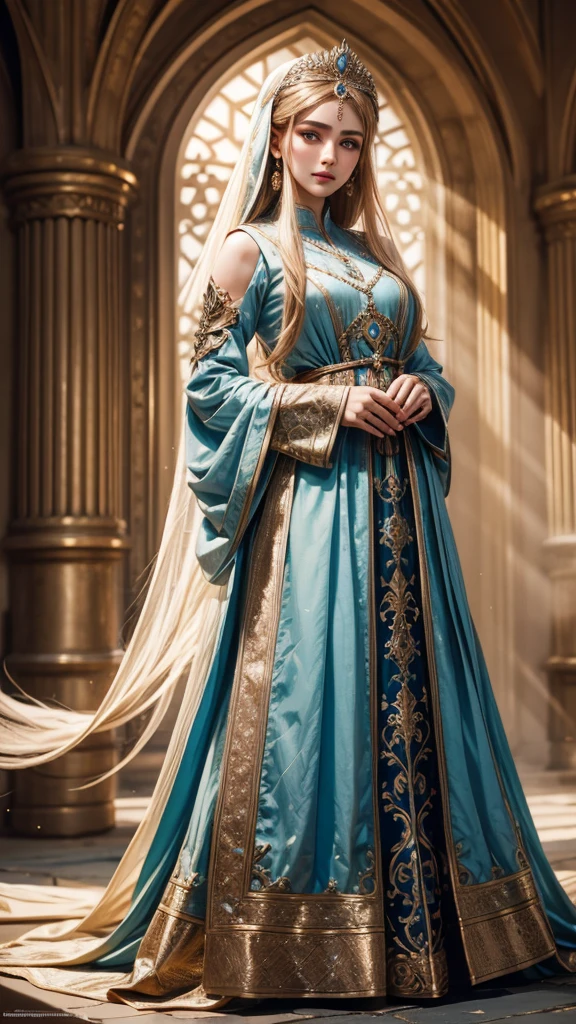 [full body shot] professional, (4k image:1.1), (Sharp Focus:1.3), Very detailed, woman from resurrection ertugrul, beautiful detailed face, sparkling eyes, long light hair, medieval turkish clothes, natural background (attractive woman:1.3), (blushing:1.1), perfect hands,  --Detailing, full body, a lot of femininity, Dazzling, muse, --Unreal движок 5. 