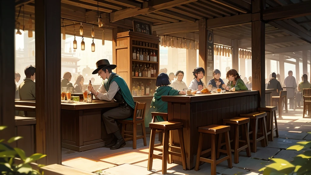 people物の顔をぼかしてください. "A bustling medieval market, 屋外の居酒屋は村peopleたちが集まって食事や飲み物を楽しむ活気に満ちた雰囲気に満ちている。. The wooden architecture of the izakaya、Decorated with warm lanterns that cast a golden glow over the landscape。, Create a welcoming and festive atmosphere. The long wooden tables are packed with customers., 活発な会話と笑いに興じるpeople々. The bar area is particularly lively., カウンターの後ろのバーテンダーに飲み物や食べ物を注文するpeople々. This scene is rich in detail: Guests dressed in colorful medieval costumes, Hat included, Cape, Tunic, Interact with、Enjoy a fun atmosphere. 前景に2peopleの女性, 一peopleは青いドレスを着て、もう一peopleはピンクのドレスを着ています, Sharing a joyful moment with a drink in hand. A man wearing a wide-brimmed hat and a leather vest、sitting at a table holding a mug of beer。, seemingly lost in thought. In the background、It depicts a stone building with ivy growing up the walls., Enhances the medieval atmosphere. The window is bright, 内部にpeopleがいることを示唆する, The overall atmosphere is one of warmth and community.. The cobblestone road beneath our feet adds to the authenticity of the scene., The light of the lanterns and the setting sun envelop everything in a soft glow., Inviting Light. The market spreads beyond the izakaya, 遠くに村peopleたちが見える, Shopping etc.々Engage in activities, Chatting, Stroll through the market. The whole scene is、It captures the essence of a vibrant and close-knit medieval community.。, people々Gathered、Celebrate a good time with friends、A place to share joy."